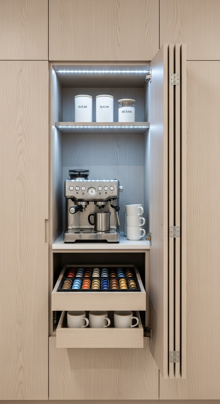 Split image showing modern home coffee and wine bar ideas with title text and a sophisticated bar setup