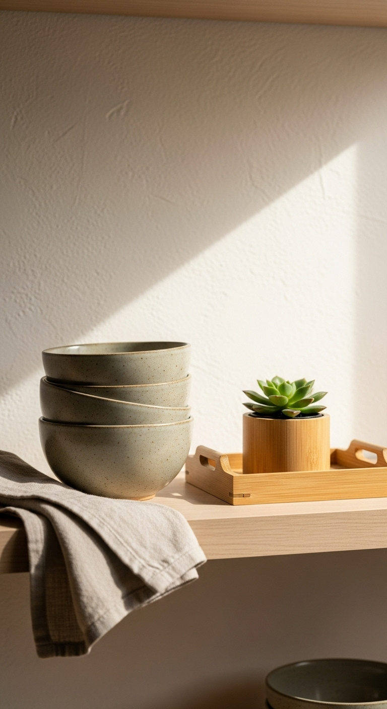 Stack of handcrafted ceramic bowls and a bamboo tray with a succulent on a light-wood shelf against a plaster wall