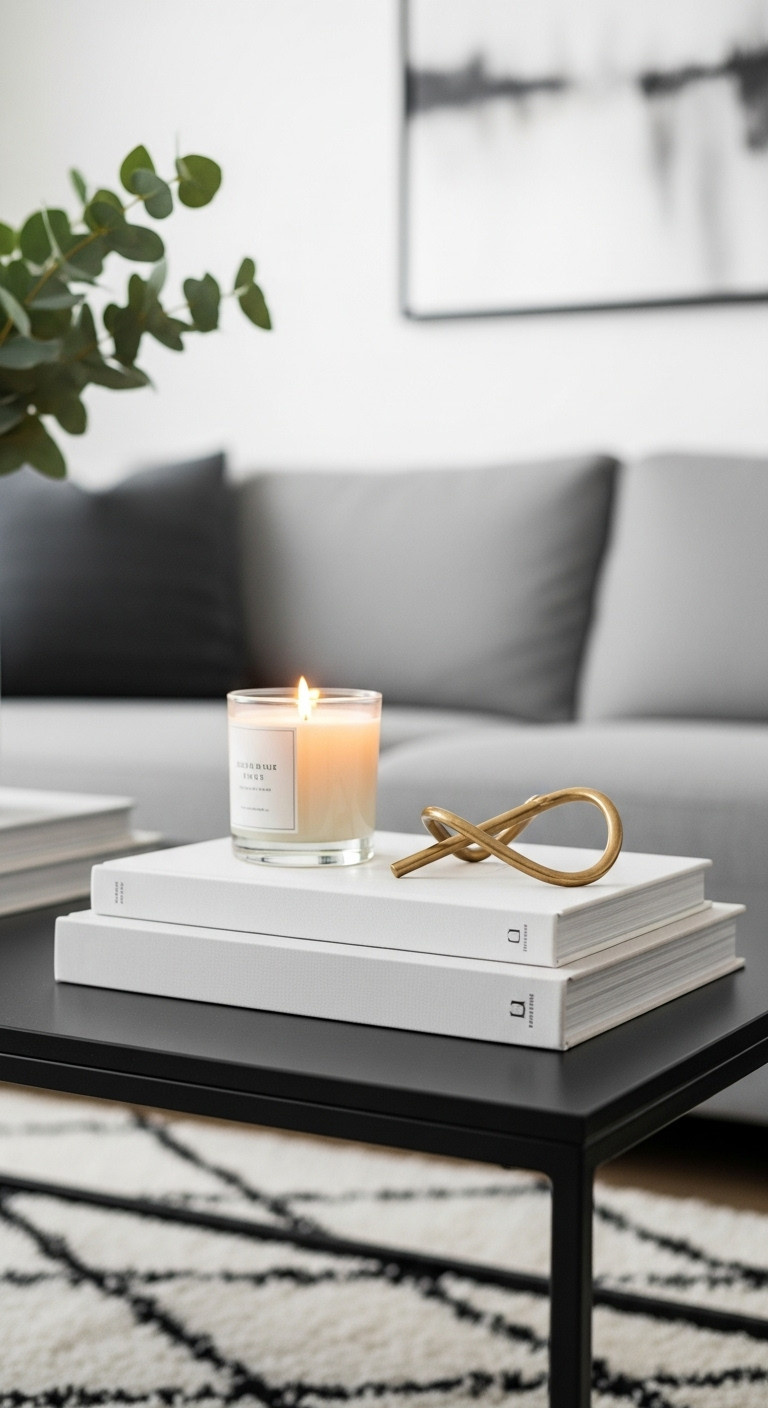 Stack of white books with a glass candle and gold wishbone on a black coffee table in a modern living room