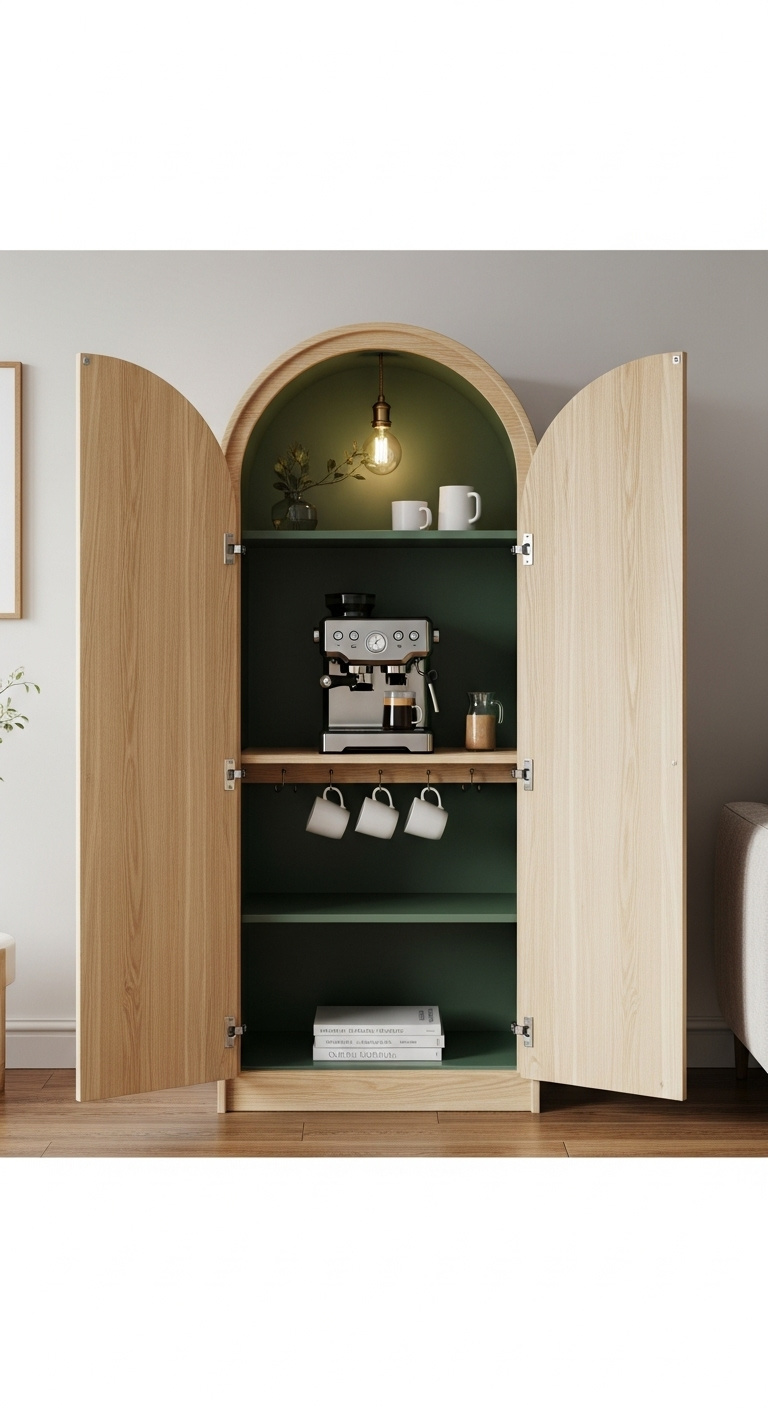 Standalone arched cabinet with open doors revealing a coffee bar inside with a stylish coffee machine and mugs