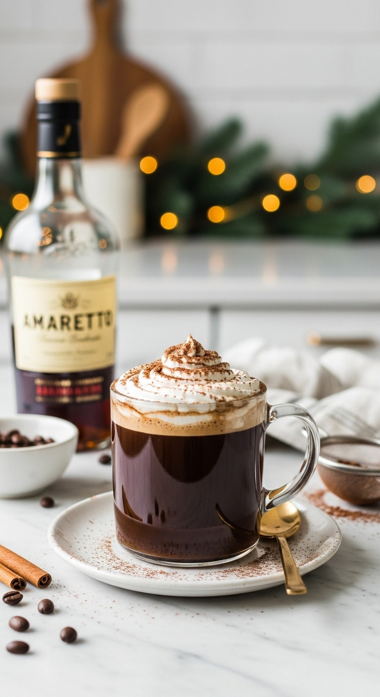 Steaming Amaretto Coffee with whipped cream, cocoa powder, amaretto liqueur, and coffee beans on a marble countertop