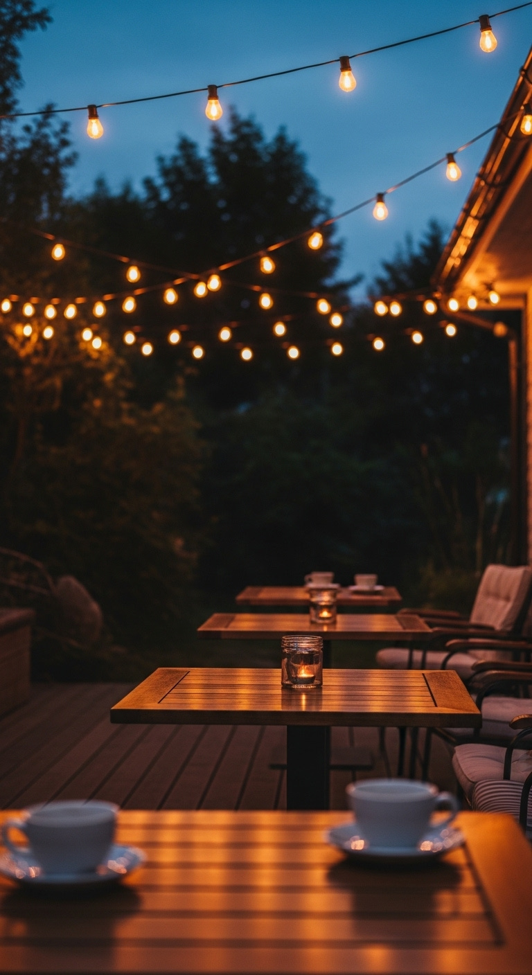 Strategic outdoor lighting at a cozy coffee shop patio with glowing Edison bulbs and wooden tables at dusk