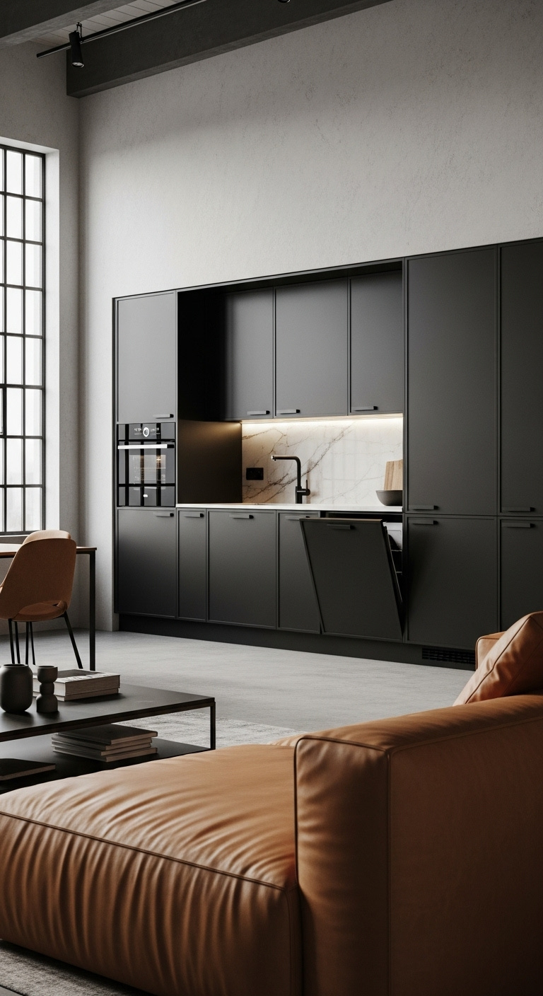 Streamlined one-wall kitchen layout with matte black cabinets integrated appliances and open living area