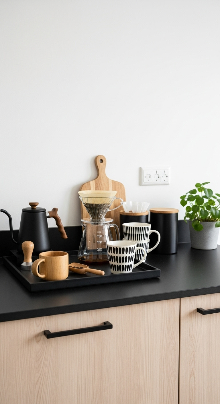 Striking Scandi Chic coffee nook with a matte black tray, pour over coffee maker, light wood elements, and graphic patterned mugs