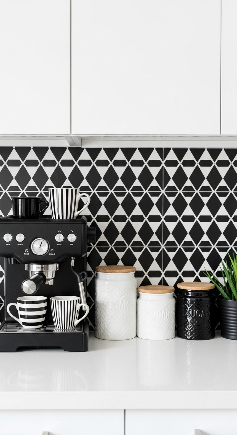 Striking black and white themed coffee station with geometric tile backsplash matte black espresso machine and striped mugs