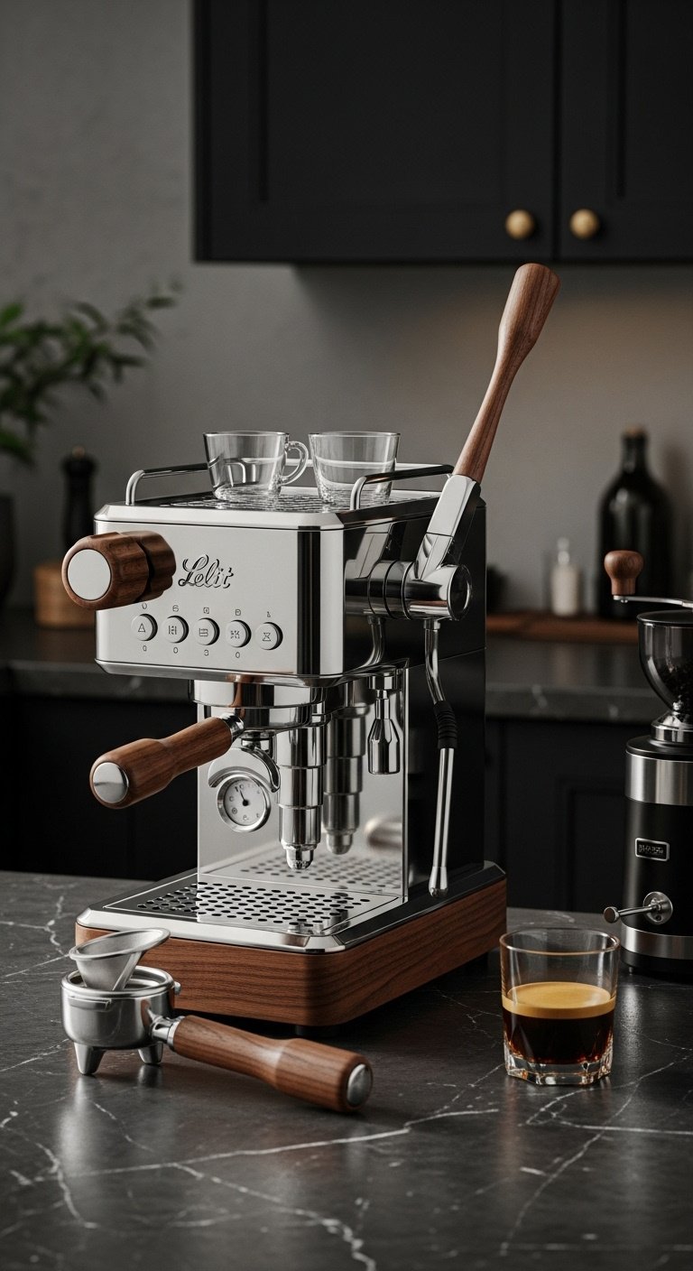 13 Pretty Espresso Machines That Look As Good As They Brew 4 Stunning Lelit Bianca V3 espresso machine with polished stainless steel body and warm walnut wood accents on a dark gray marble countertop