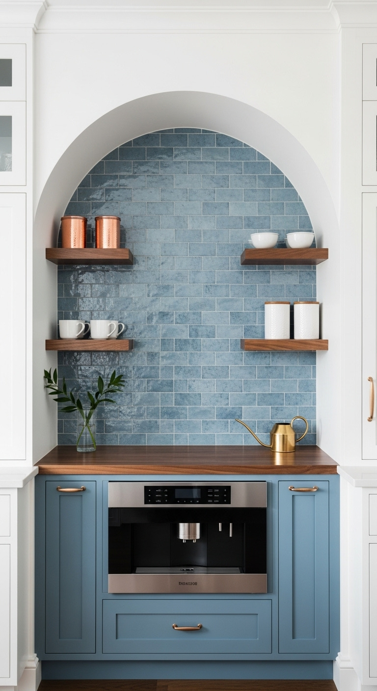 Stunning arched niche built into a kitchen wall with blue zellige tile a built-in coffee machine walnut counter and shelves