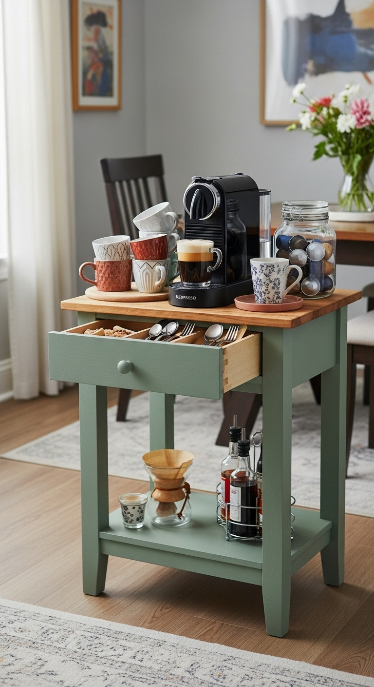 Stunning coffee bar with Nespresso machine and organized coffee pods