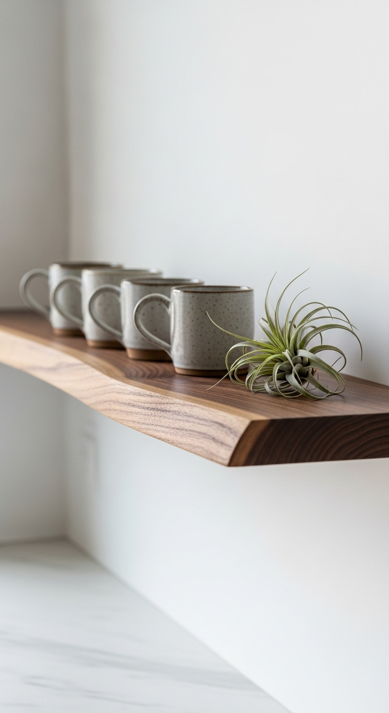 Stunning thick floating shelf made from a polished walnut live edge slab with four handmade speckled stoneware mugs