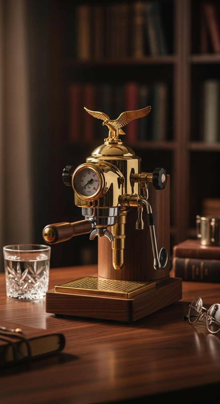 Stunning vintage La Pavoni Professional espresso machine in polished brass and wood with a pressure gauge and eagle topper