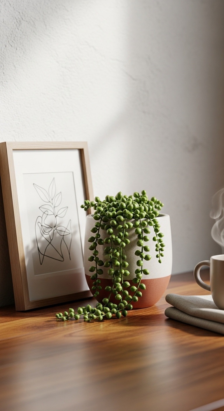 Styled coffee bar corner with framed line art, a vibrant green trailing plant, linen napkins, and a steaming mug