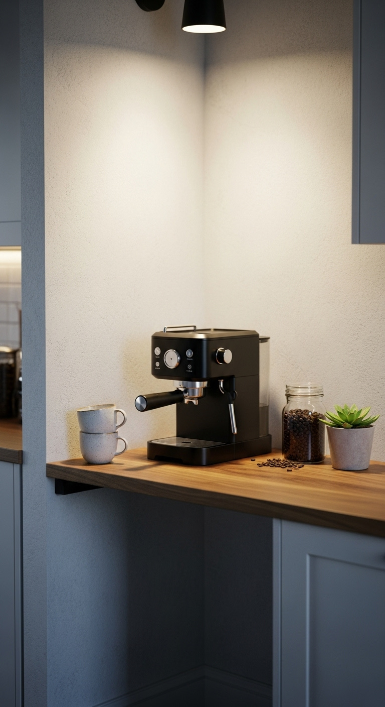 Styled compact coffee bar in an awkward kitchen corner with espresso machine mugs and succulent