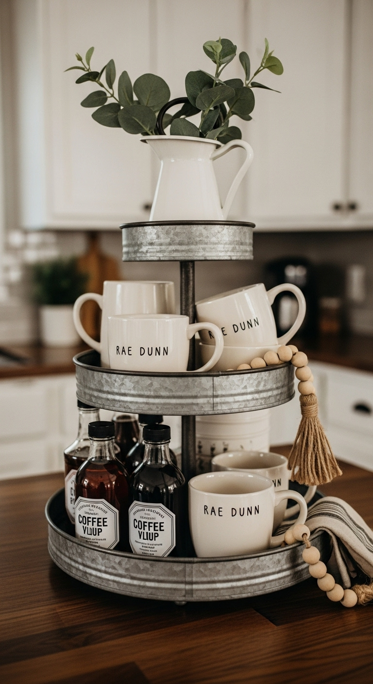 Styled farmhouse tiered tray on coffee bar with galvanized metal Rae Dunn mugs coffee syrups and eucalyptus on dark wood countertop
