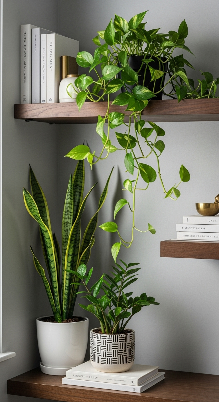 Styled home office bookshelf with vibrant green houseplants including pothos snake plant and ZZ plant creating a fresh calm luxurious mood