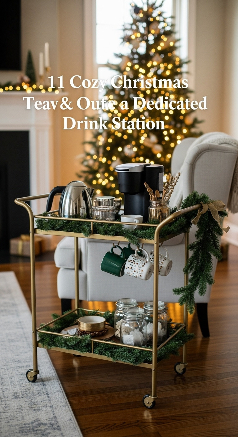 Stylish Christmas coffee and tea bar on a bar cart in a living room corner with armchair and decorated Christmas tree