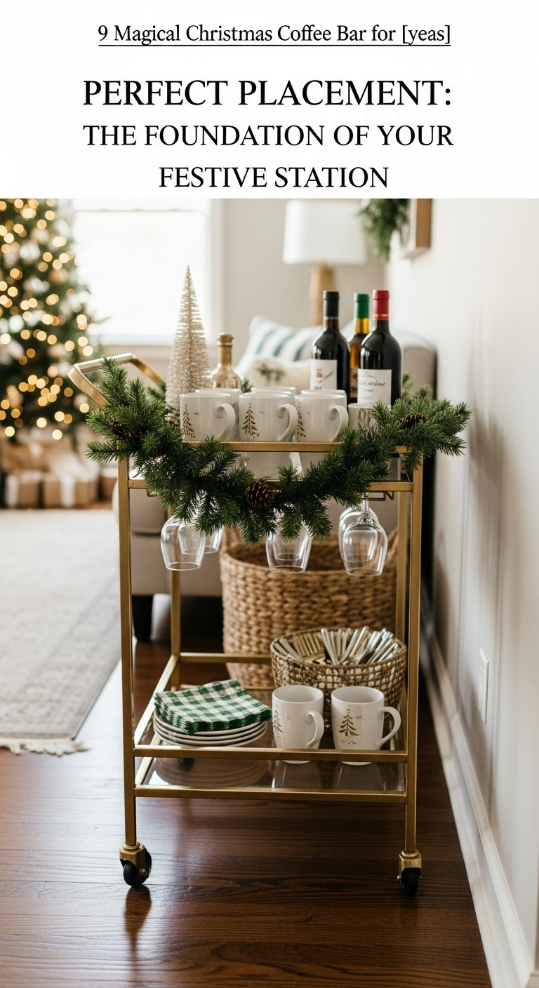 Stylish Christmas decorated bar cart perfectly placed against a living room wall with a garland and napkins