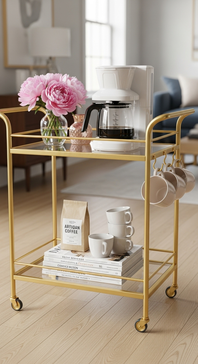 Stylish and flexible portable coffee bar cart with gold metal and glass, white drip coffee maker, and pink peonies