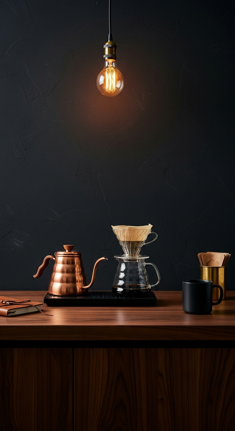 Stylish black coffee corner with matte black cabinet espresso machine and modern decor