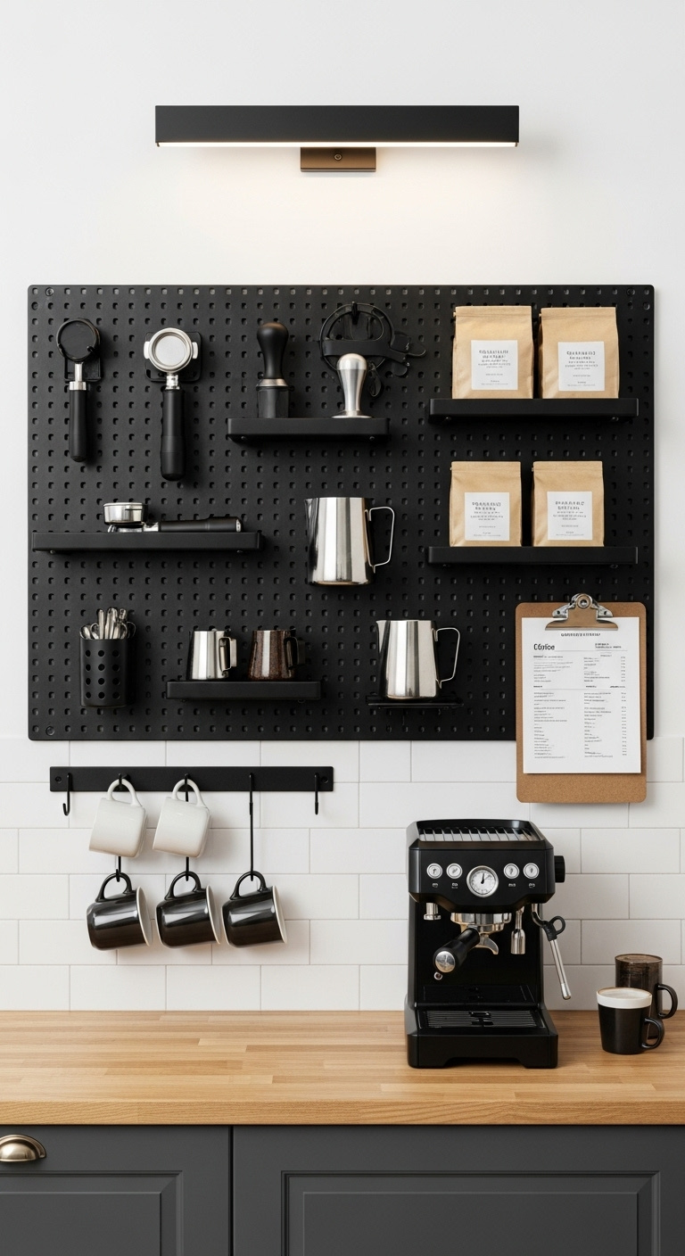 Stylish black coffee corner with matte cabinet wood top and espresso machine