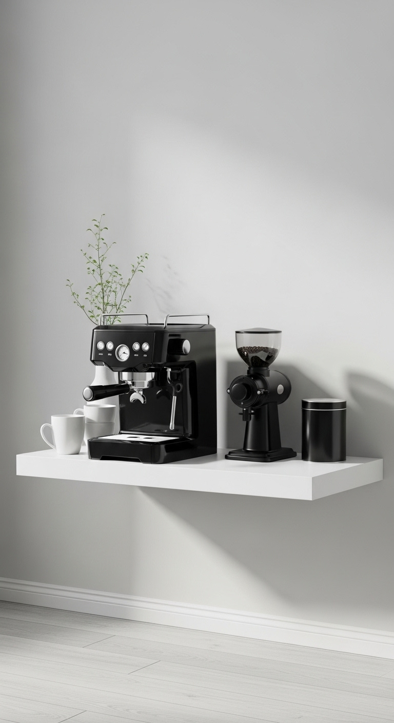 Stylish black coffee corner with modern cabinet espresso machine and minimalist decor