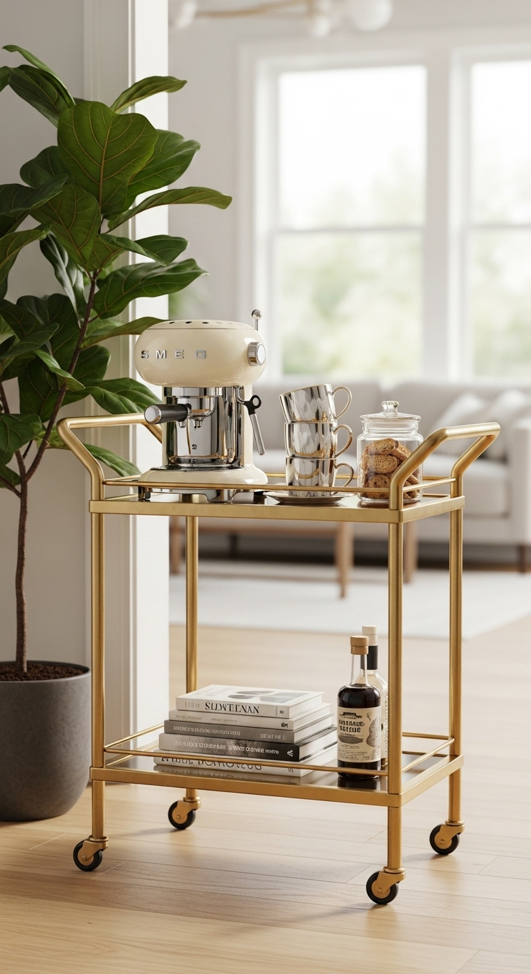 Stylish brass bar cart coffee station with SMEG espresso machine glass mugs and fiddle leaf fig plant
