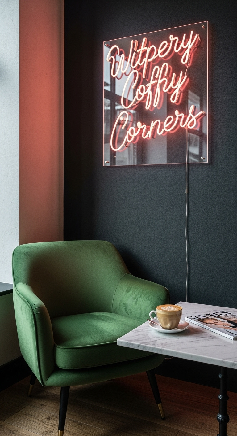 Stylish cafe corner with emerald velvet armchair marble table neon sign and latte art creating a trendy chic fun mood