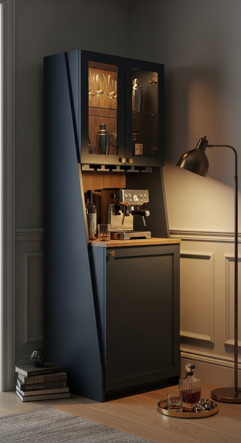 Stylish coffee and bar cabinet featuring an espresso machine wine storage and glassware at home