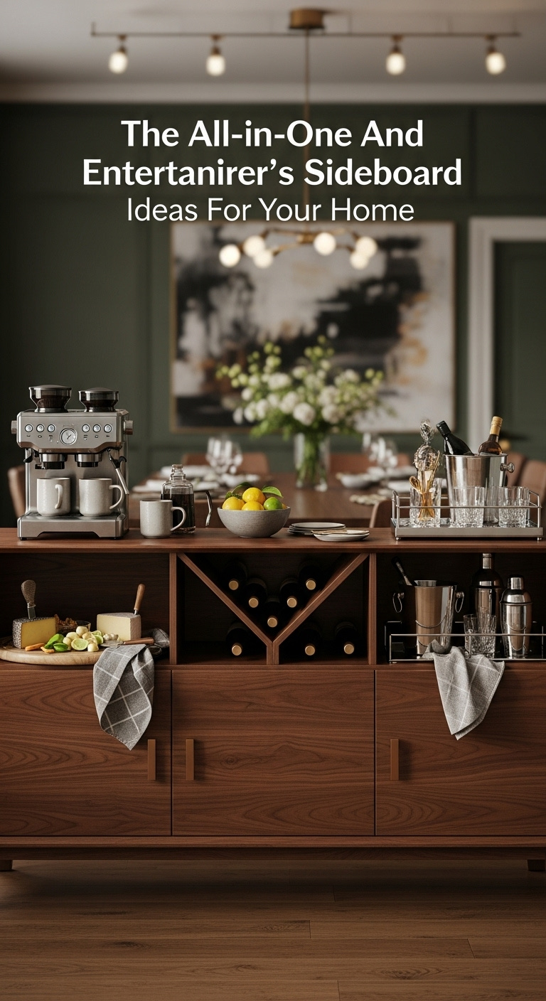 Stylish coffee and bar cabinet with espresso machine wine rack and glassware for modern homes