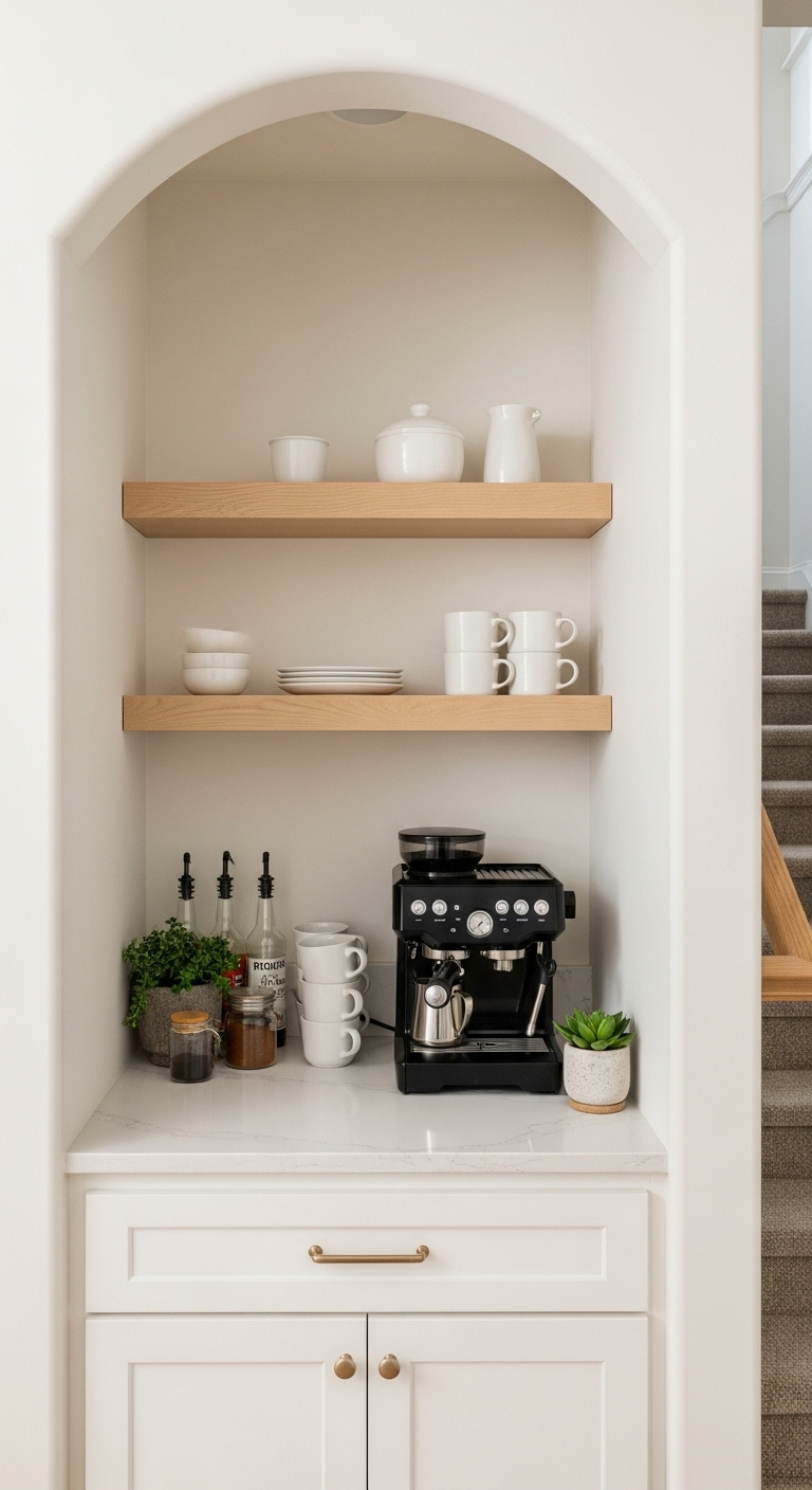 Stylish coffee bar in an arched nook with white cabinetry wood shelves espresso machine and mugs
