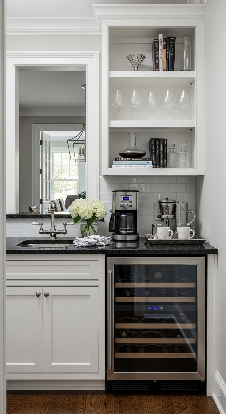 Stylish coffee bar with wine cooler for home entertainment