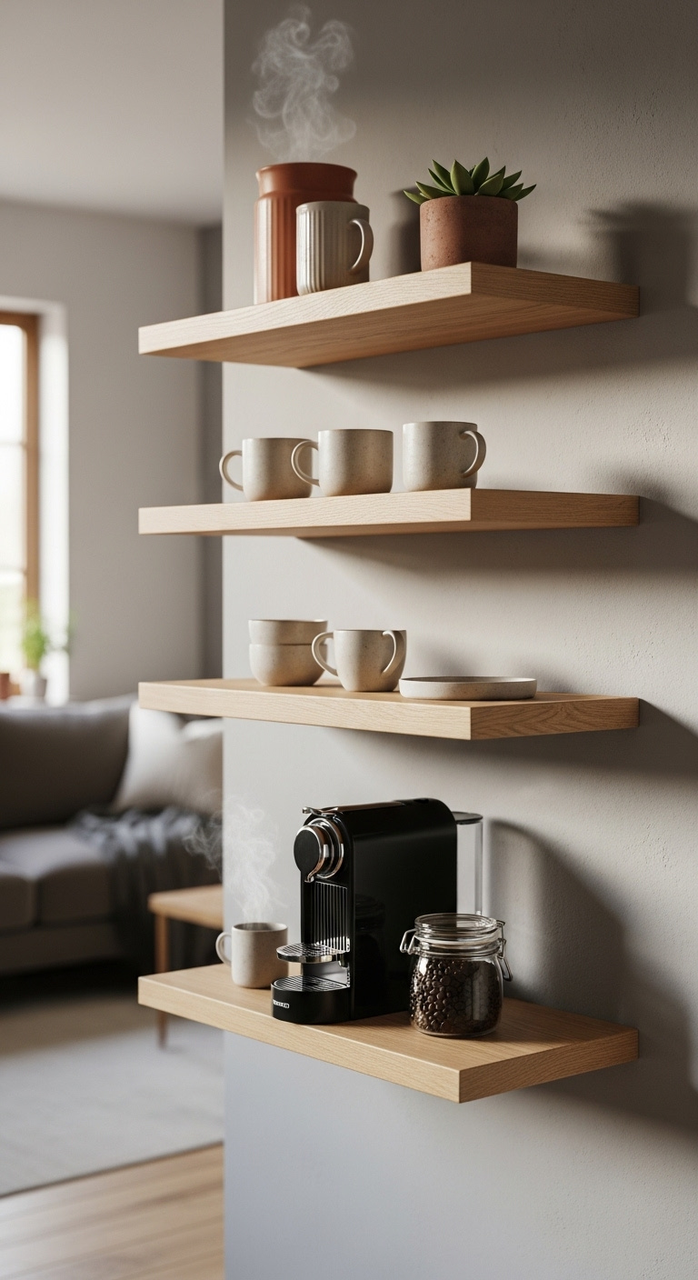 Stylish coffee corner on floating shelves in living room with coffee machine mugs and succulent