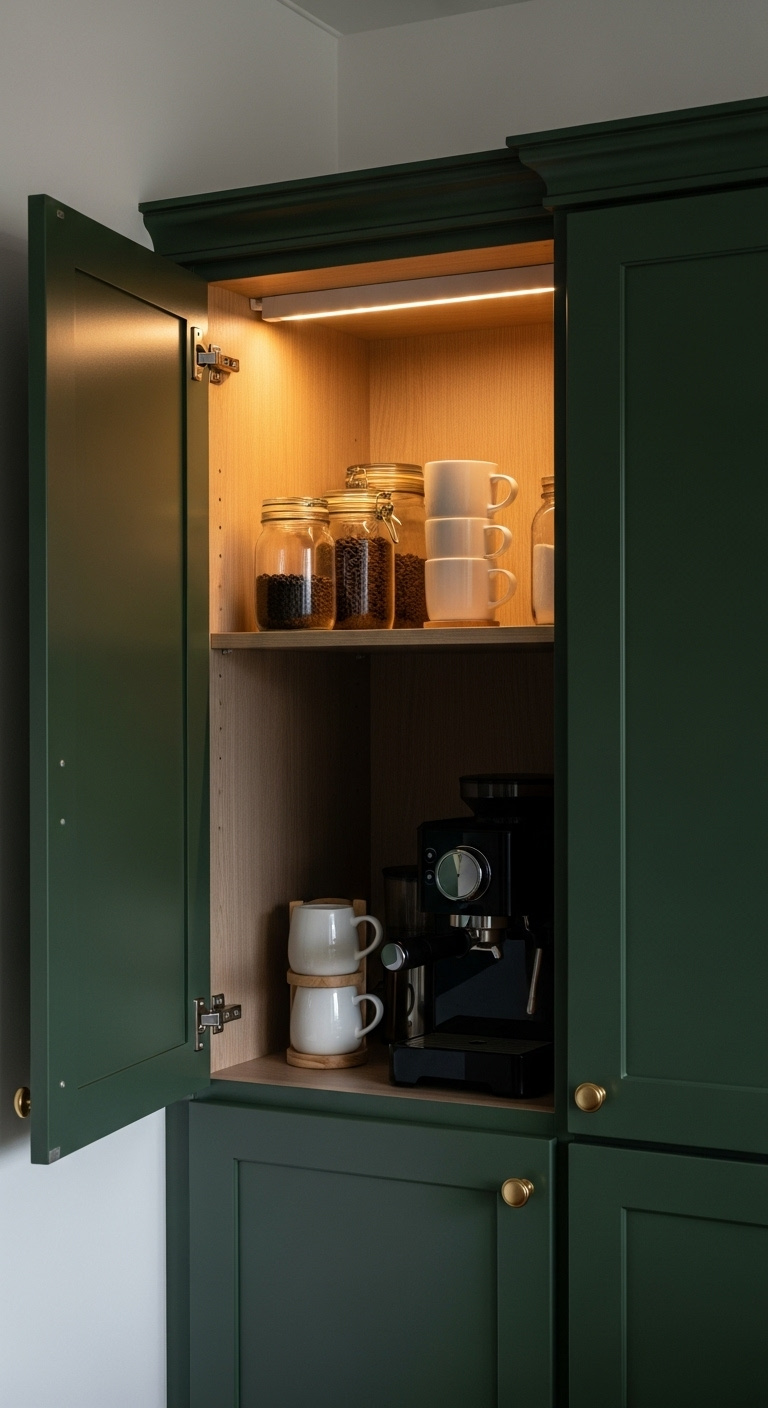 Stylish dark green kitchen cabinet with an open door revealing a beautifully organized hidden coffee bar inside