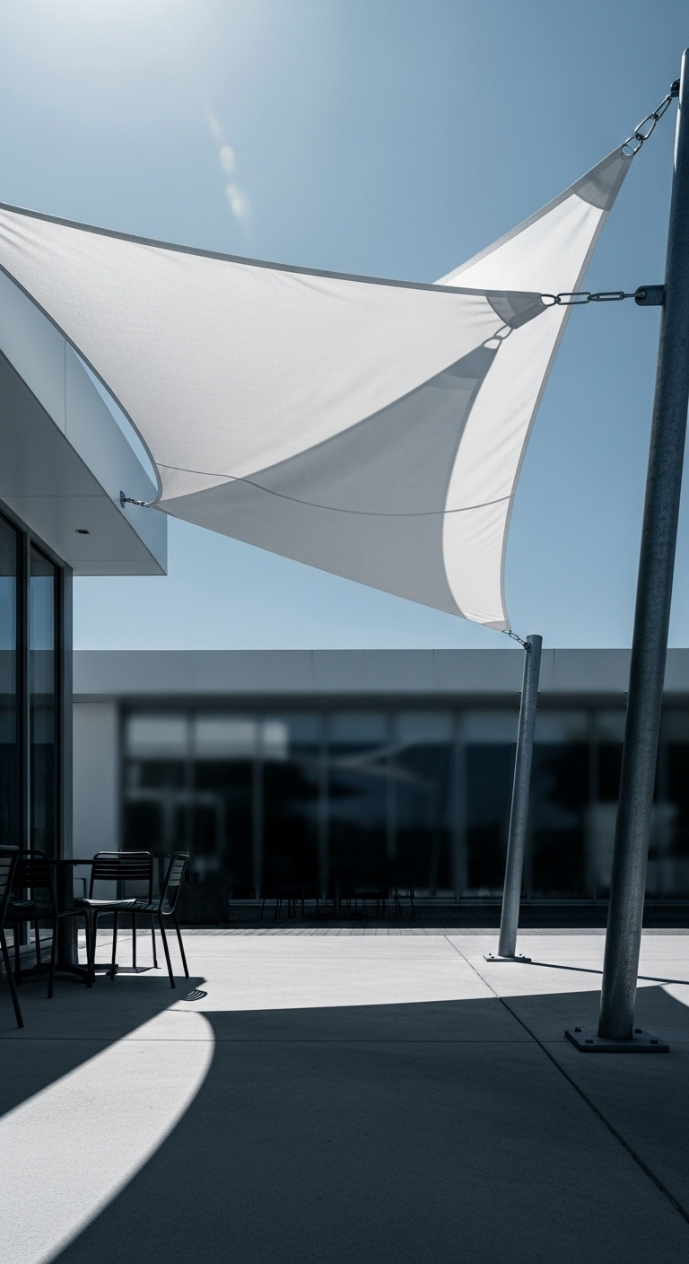 Stylish functional shade structure with a sleek white triangular shade sail over a minimalist coffee shop patio