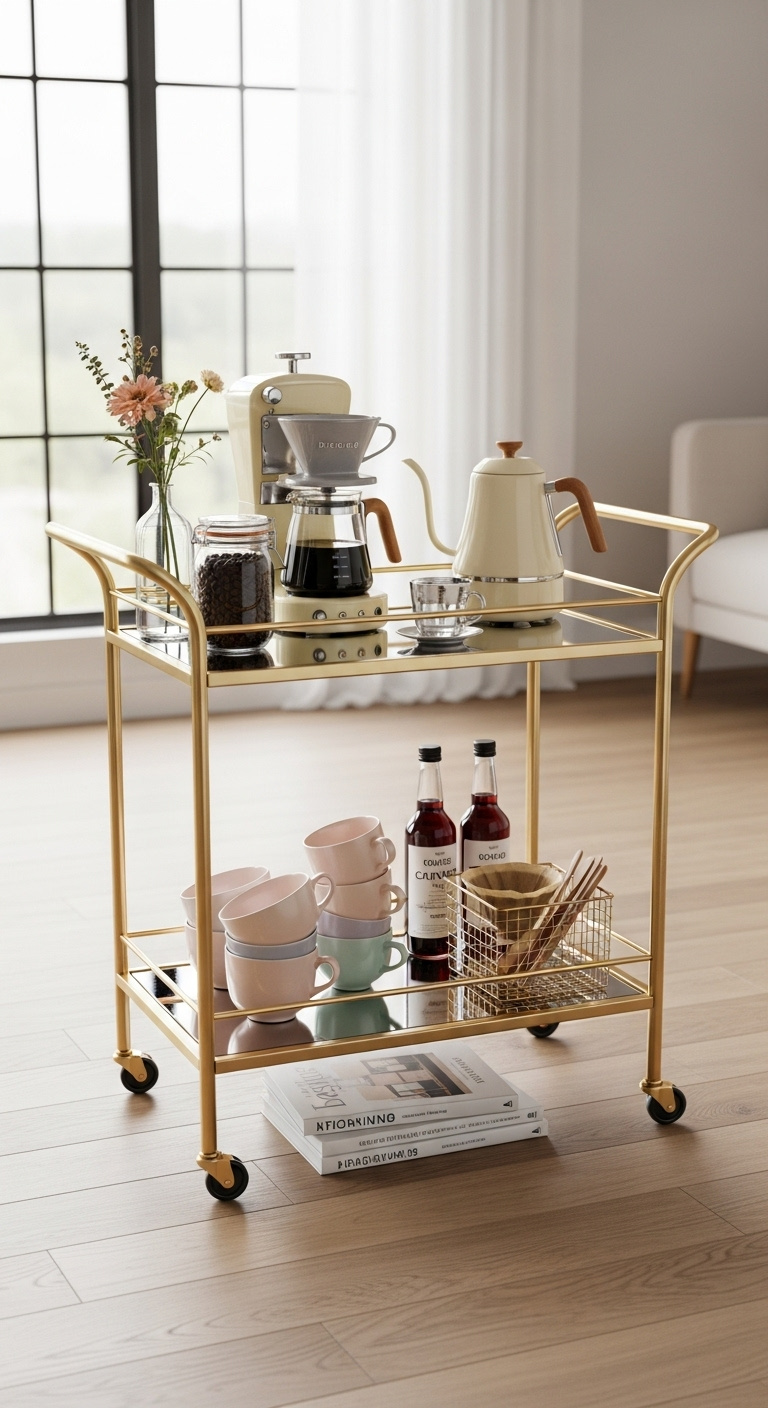 Stylish gold bar cart repurposed as a coffee station with a retro drip coffee maker and pastel mugs in a bright living room