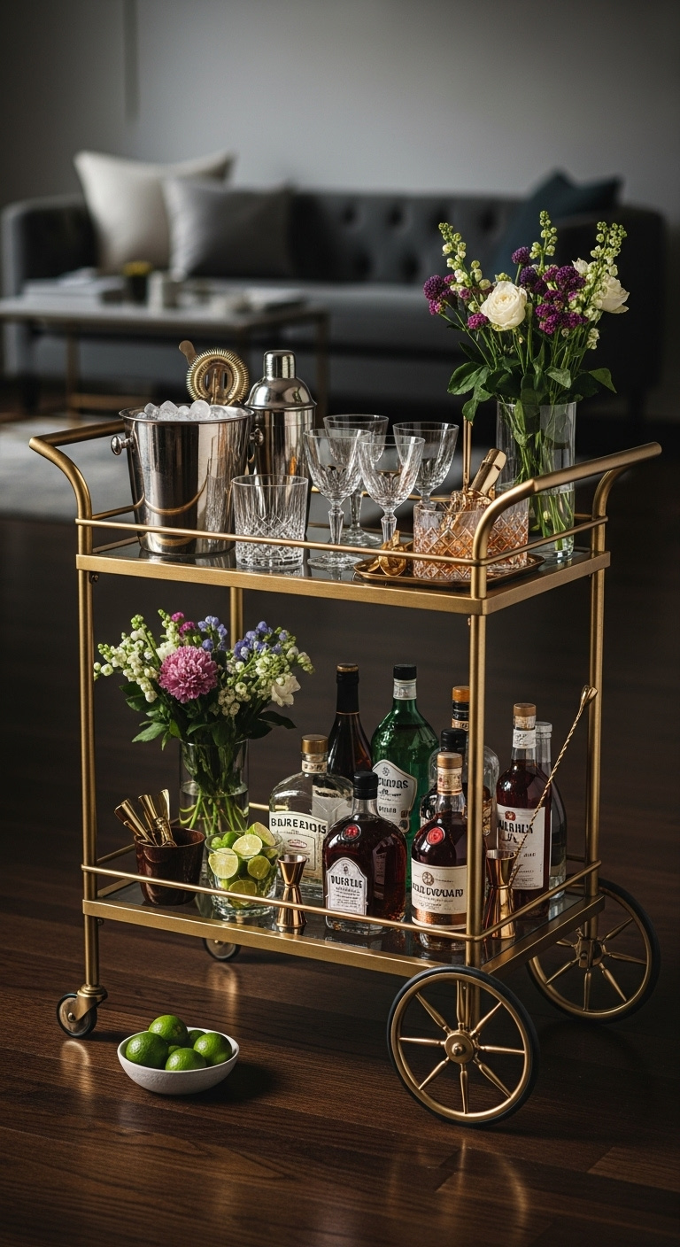 Stylish gold-finish two-tiered rolling bar cart with an ice bucket cocktail shaker glassware spirits and mixers