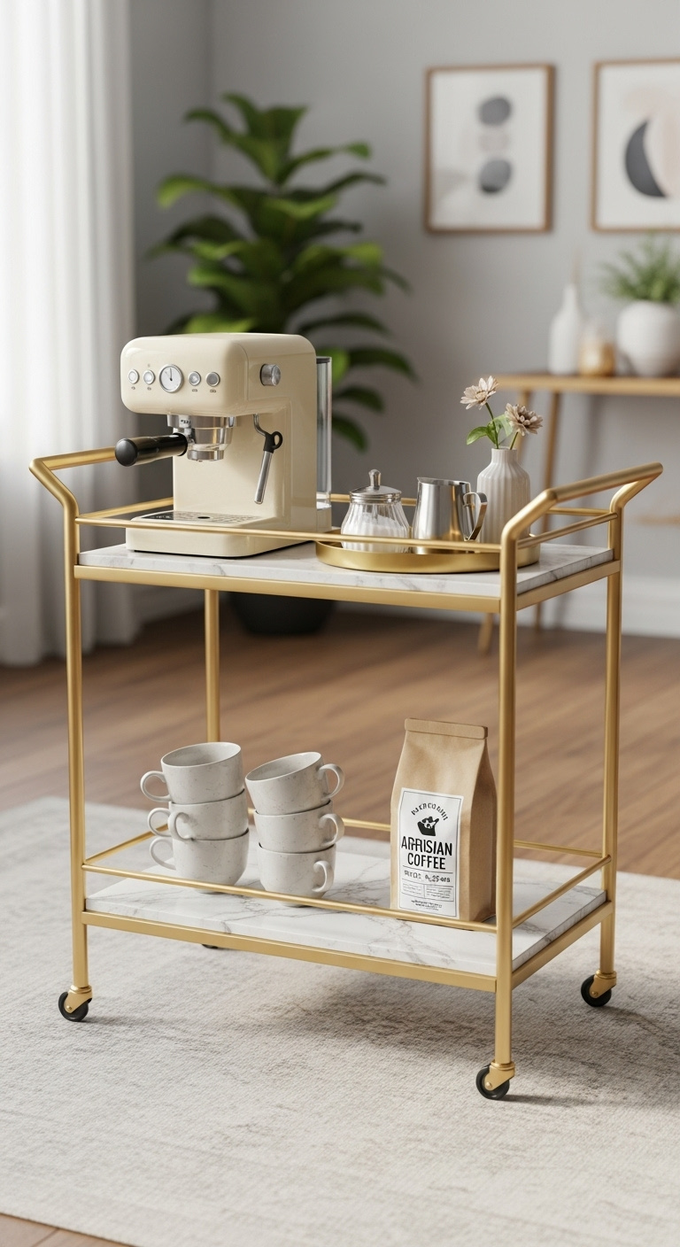 Stylish gold metal and marble bar cart repurposed as a coffee station with retro espresso machine mugs and artisan coffee beans
