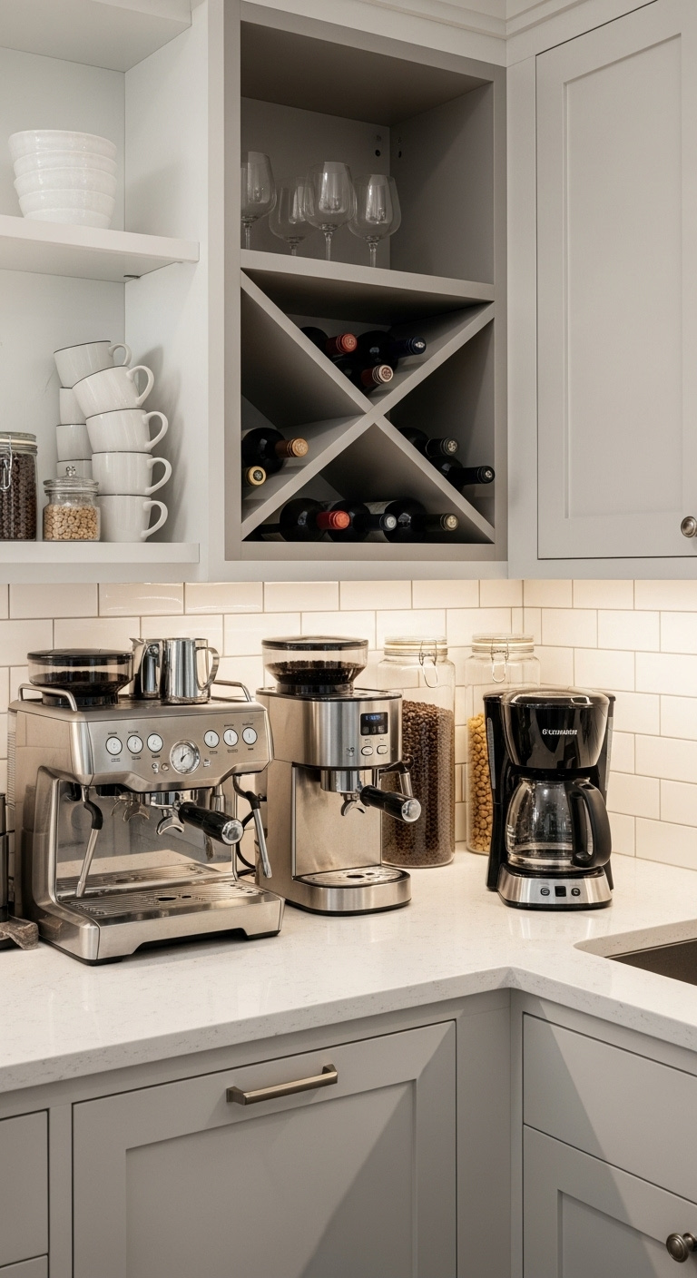 Stylish home coffee and wine bar with modern design elements and integrated storage
