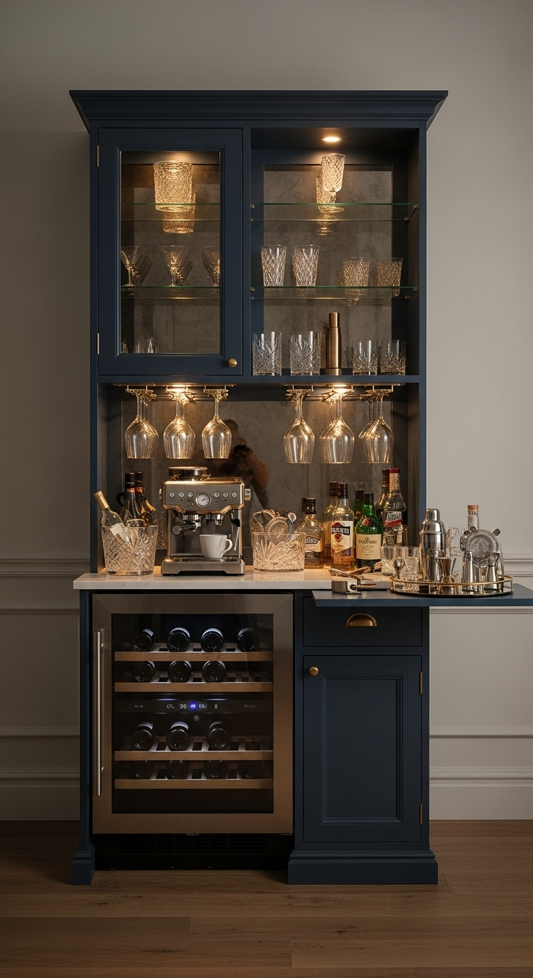 Stylish home coffee bar with integrated wine cooler and espresso machine