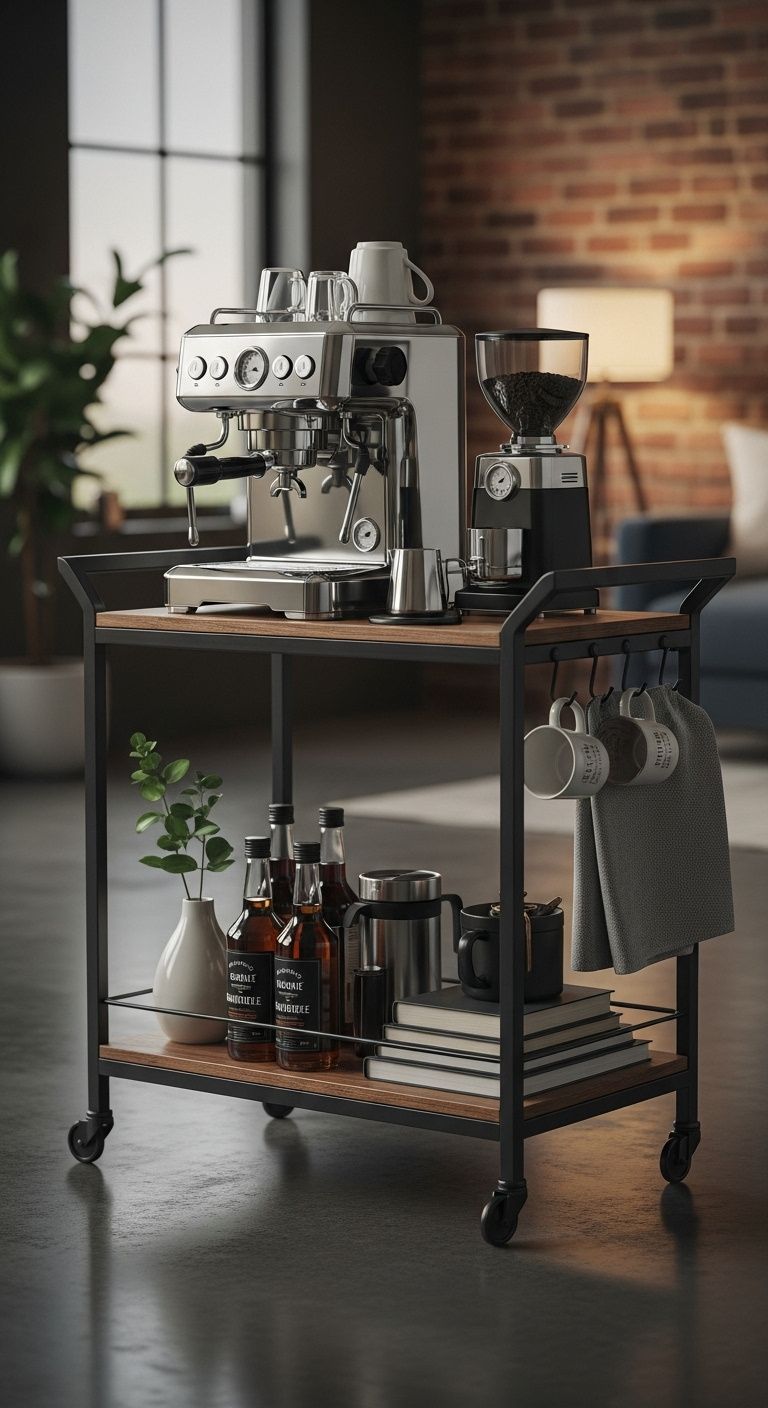 Stylish home coffee bar with stainless steel espresso machine centerpiece