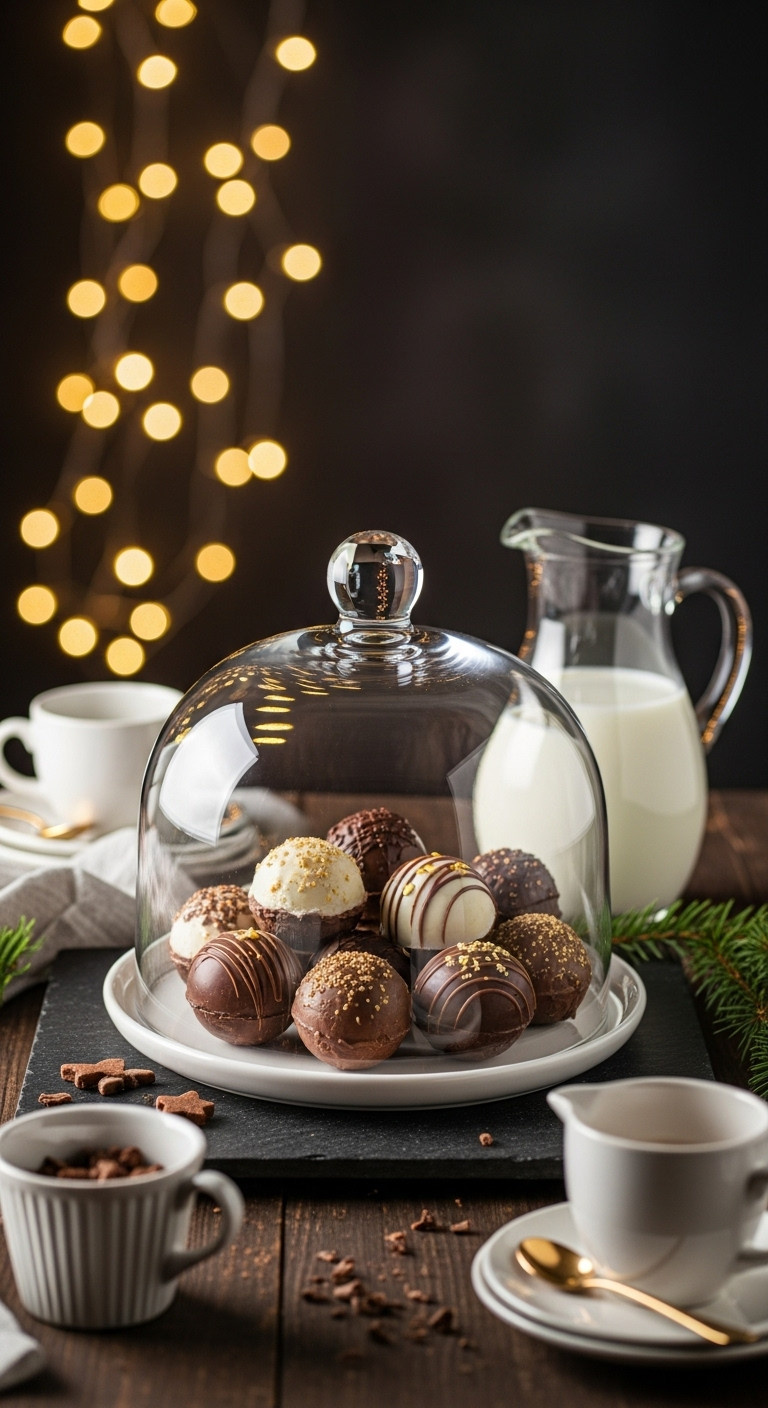 Stylish hot cocoa bar with a glass cloche dome covering assorted hot cocoa bombs and a carafe of steamed milk