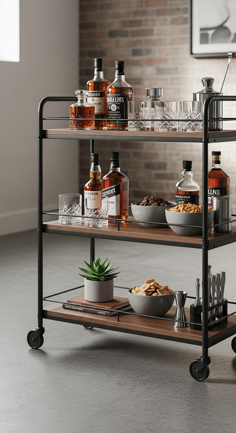 Stylish industrial rolling bar cart with whiskey crystal glasses and gourmet snacks in a modern basement with exposed brick