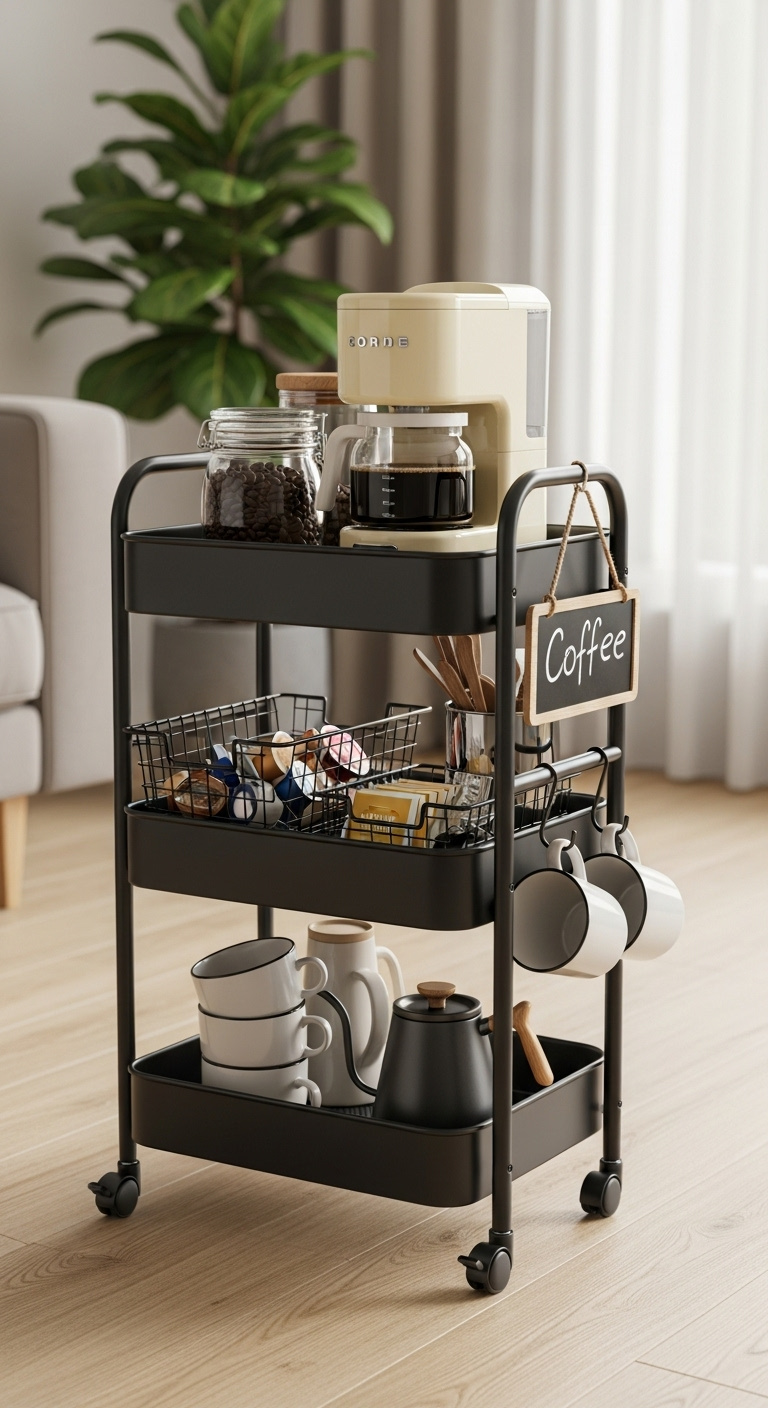 Stylish matte black three-tiered rolling coffee cart with retro drip coffee maker and organized accessories on a light wood floor