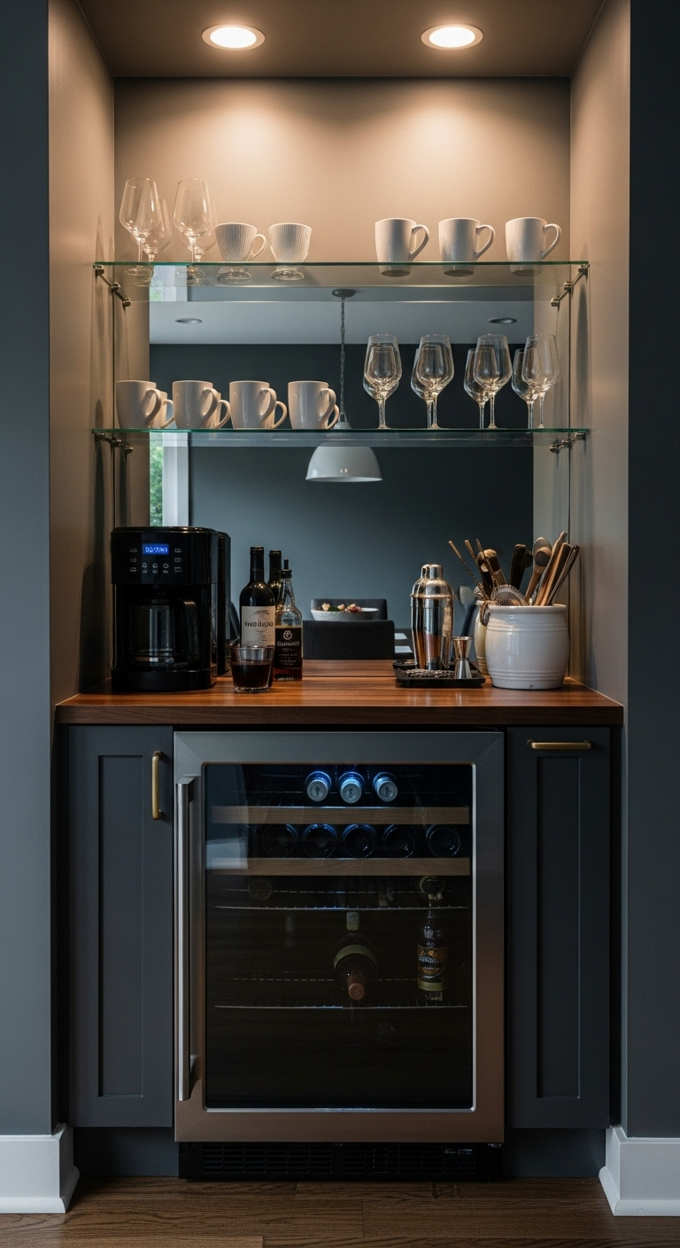 Stylish nook with a built-in stainless steel beverage fridge dark walnut counter coffee maker bar tools and glass shelves