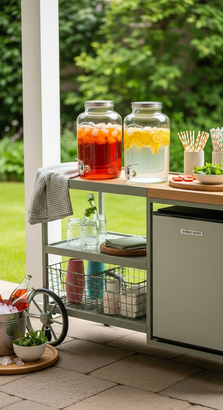 Stylish outdoor drink station on a covered patio with rolling cart glass dispensers and mini-fridge