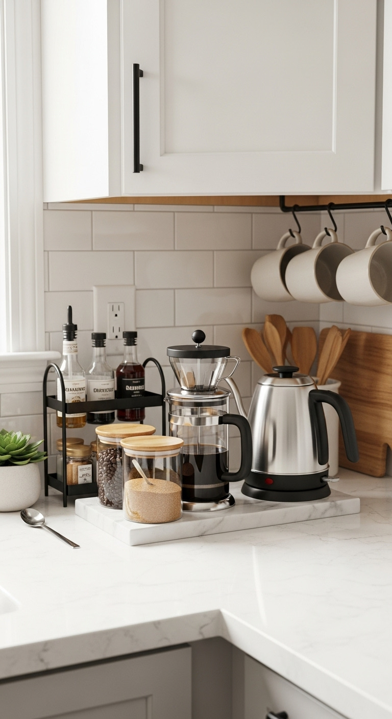 Stylish small apartment coffee station with drip coffee maker French press and organized accessories on a white marble tray in a minimalist kitchen