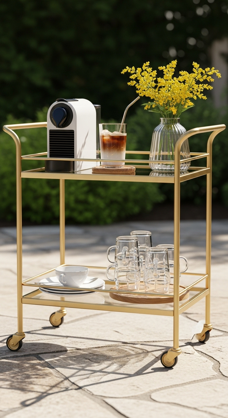 Stylish three-tiered gold metal and glass rolling bar cart styled as a coffee station on an outdoor patio with a Nespresso machine and iced coffee