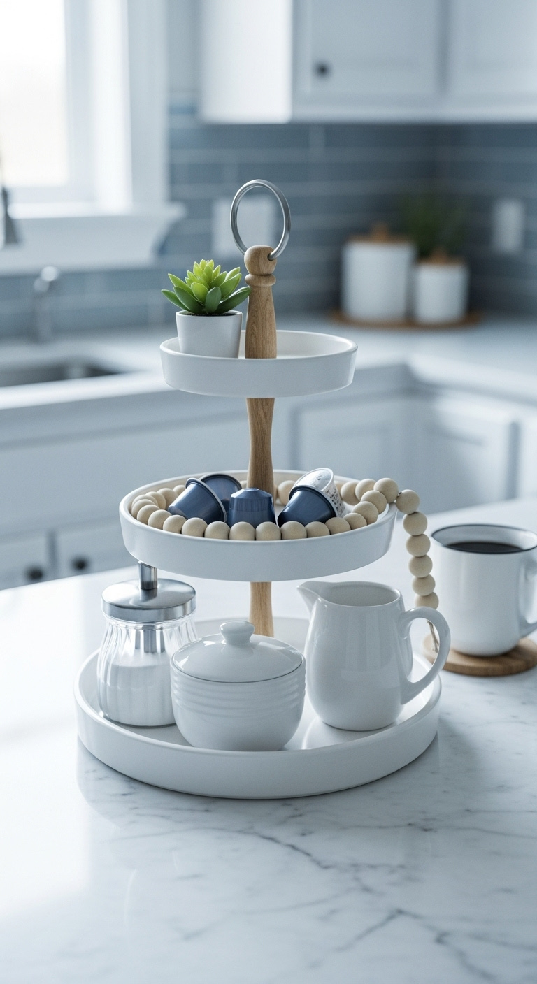 Stylish tiered tray centerpiece with white ceramic and wood handle holding sugar creamer coffee pods and succulent on marble countertop