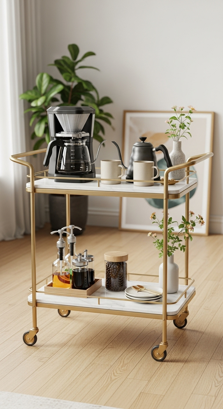 Stylish two-tiered brass and marble bar cart repurposed as a coffee station with drip coffee maker kettle mugs and syrups