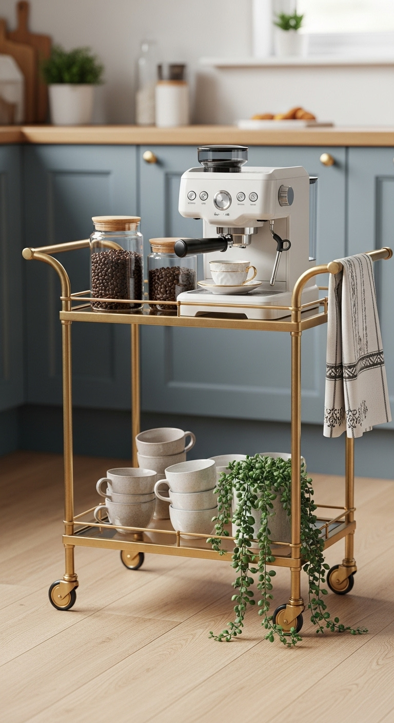 Stylish two-tiered brass bar cart coffee station with matte white espresso machine glass canister mugs and a trailing plant
