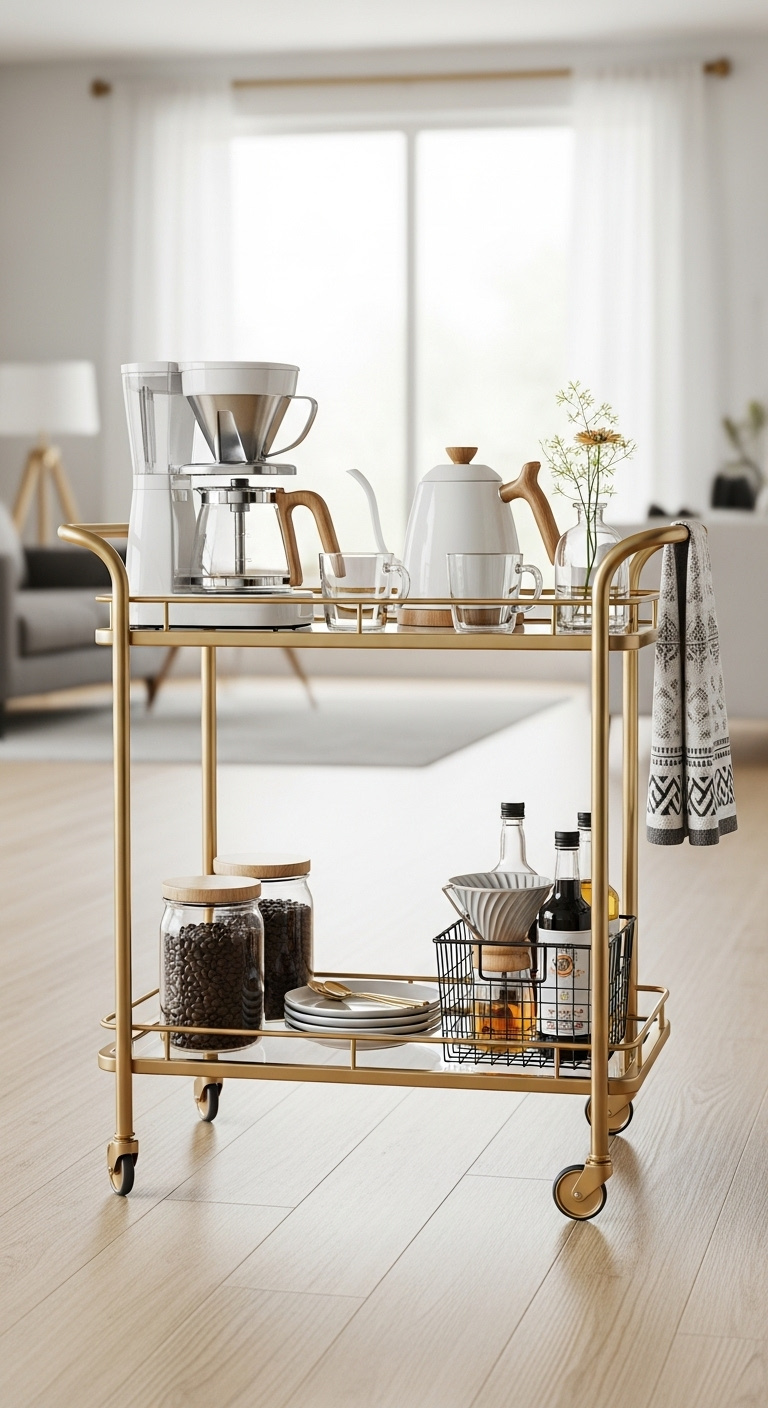 Stylish two-tiered gold bar cart repurposed as a coffee station with a drip coffee maker kettle and glass mugs